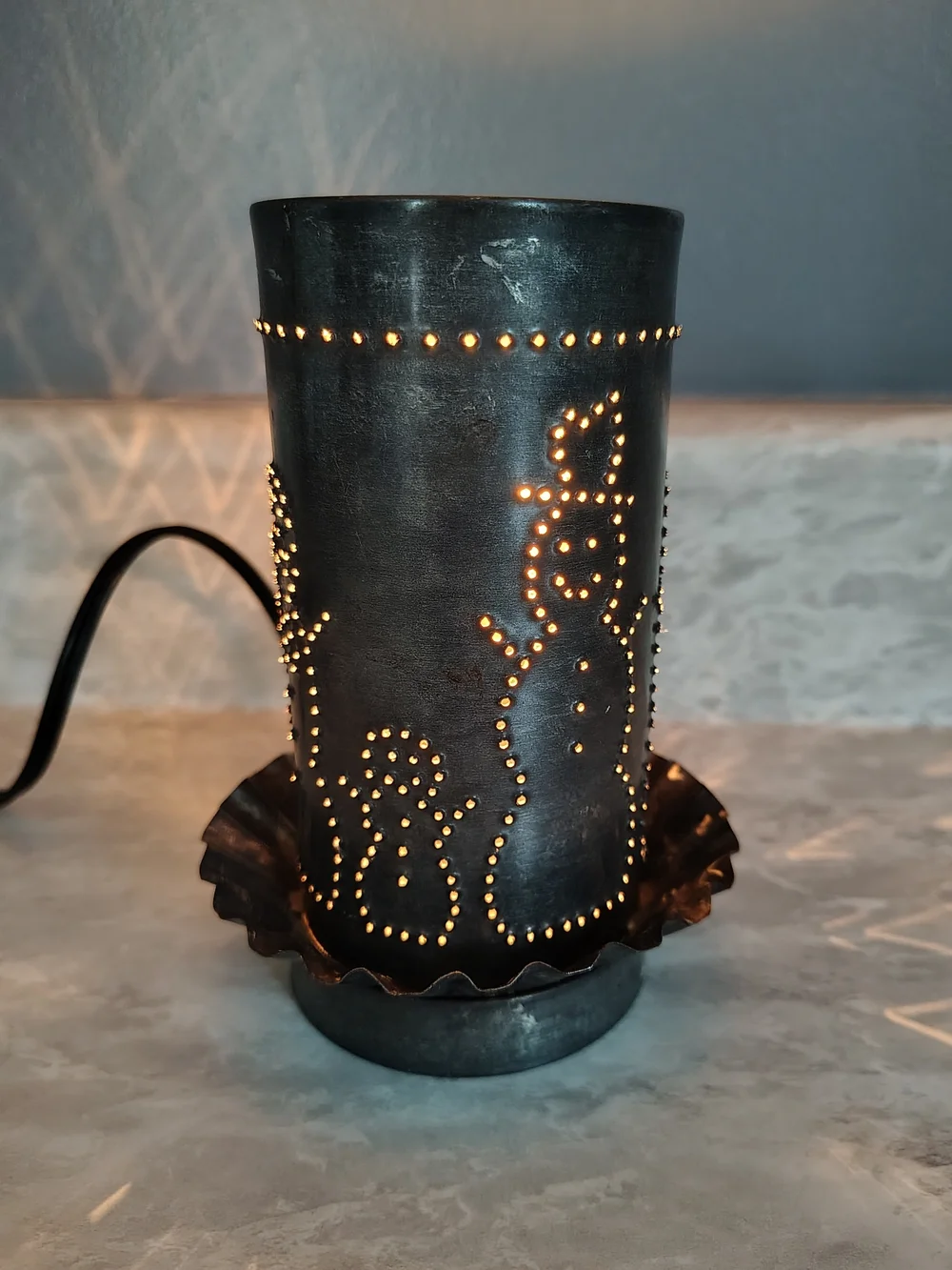 Primitive Punched Tin Snowman Rustic Lamp USA